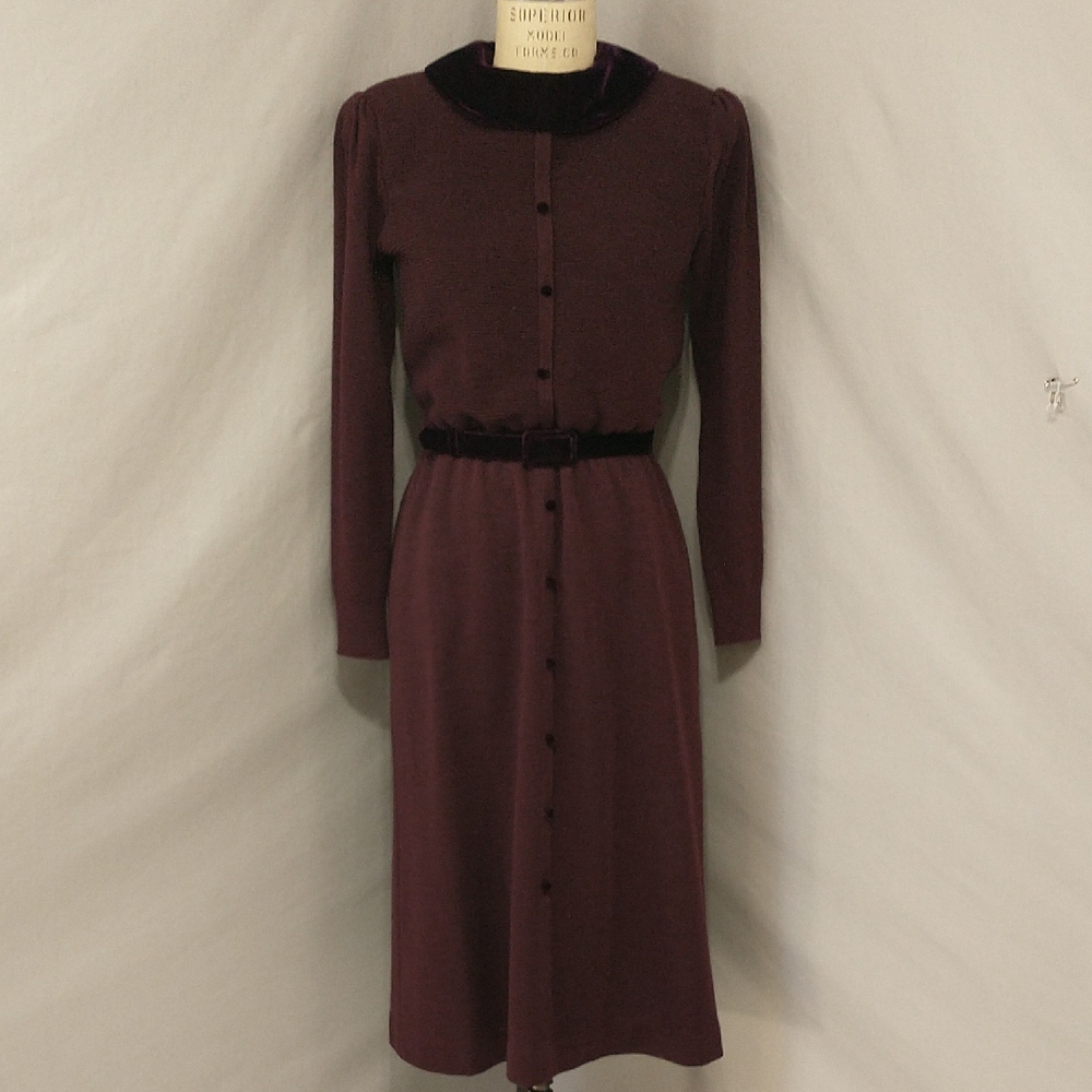 Vintage Wool Sweater Dress Dark Eggplant Aubergine Knit Velvet Trim Fit8/10 Ciao